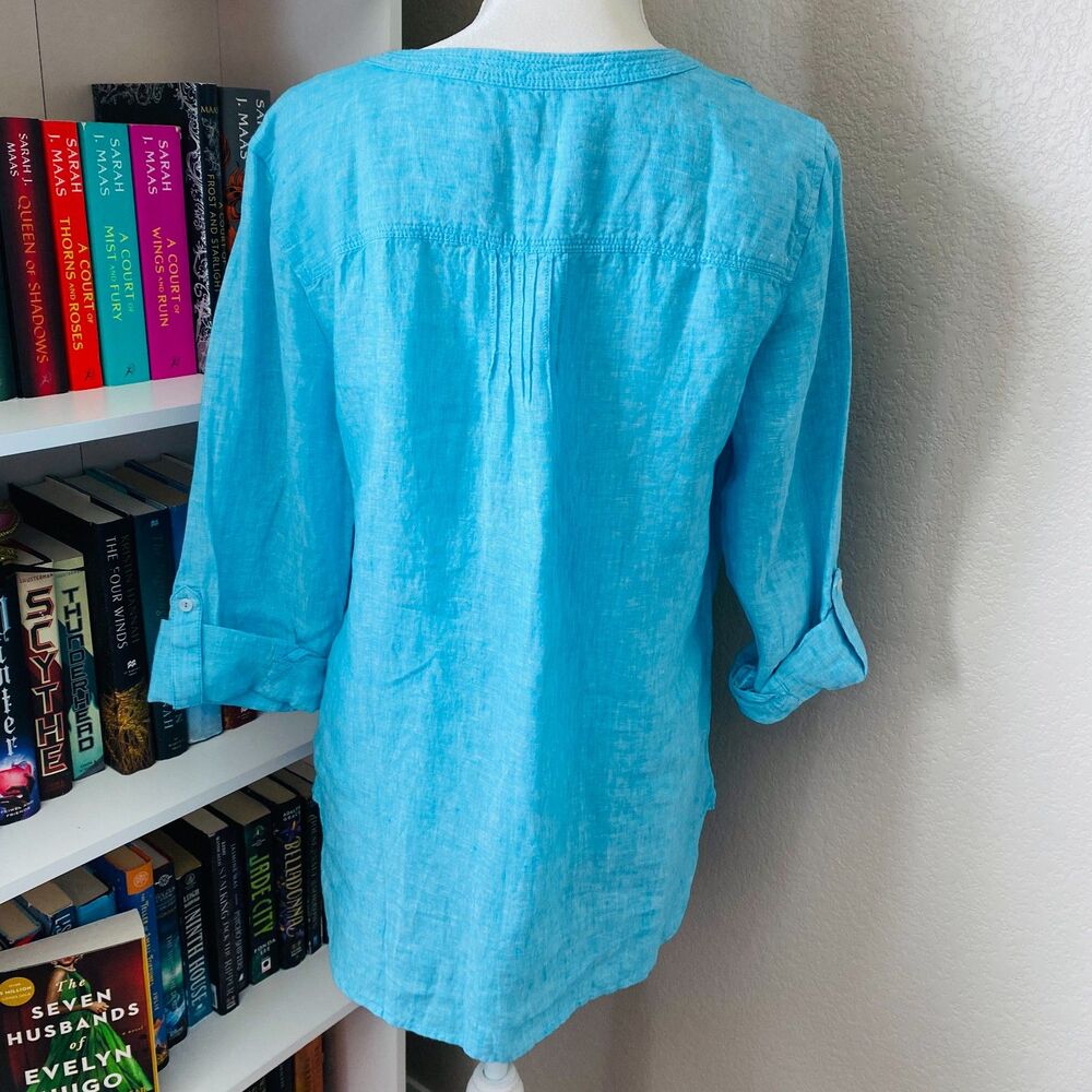 Talbots Turquoise Button‑Front Casual Top 100% Linen Shirt Size Medium - Picture 5 of 7